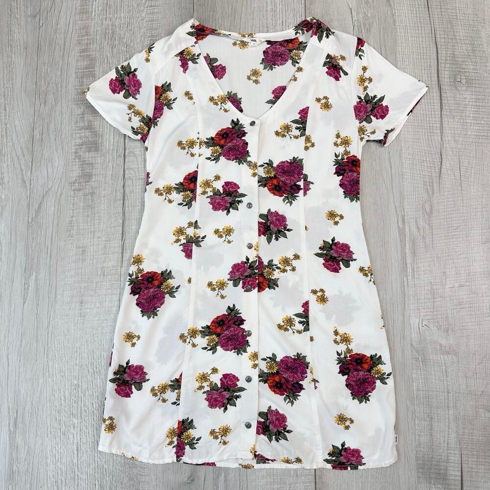 Vans Floral Dress Button-Up WMNS Small White/Pink/Green Mini V-neck Short Sleeve